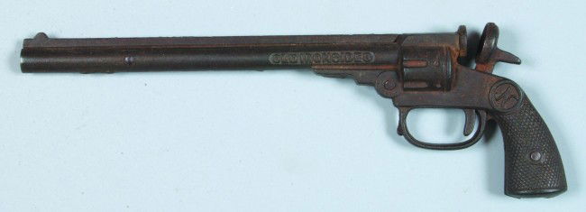 Old Ironsides buntline style cap gun, cast iron, M: Old Ironsides buntline style cap gun, cast iron, Mfg. National, 1922, made in USA, 10-1/2" long, condition: fair