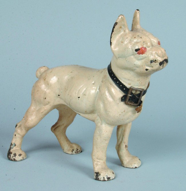 Boston Terrier Doorstop, cast iron, scarce pose mo: Boston Terrier Doorstop, cast iron, scarce pose model, no marks, overpainted, fair.