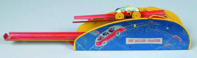 Jet Roller coaster, lithograph tin, wind-up mechan: Jet Roller coaster, lithograph tin, wind-up mechanism, Mfg. Wolverine Supply Co., Pittsburgh, PA, good.