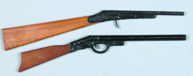 Two Pop Gun Rifles, one stamped painted steel with: Two Pop Gun Rifles, one stamped painted steel with wood stock, Mfg. All Metal Prod., Co, Wyandotte, MI, 17" long, one stamped painted steel with wood stock, Mfg. Ideal, 18-1/2" long, condition: both f