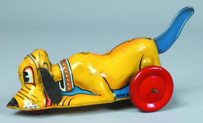 Pluto Lithograph Tin Dog, tail crank motor drive, : Pluto Lithograph Tin Dog, tail crank motor drive, not a roll-over toy, copyright 1939 Walt Disney, Mfg., Marx, 9"l.