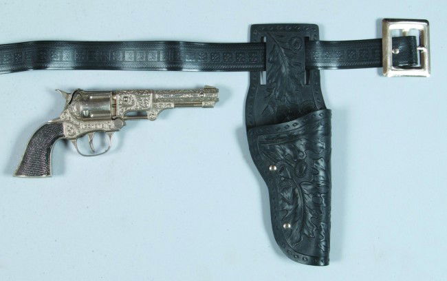 Coyote Cap Pistol with Belted Holster, pot metal g: Coyote Cap Pistol with Belted Holster, pot metal gun and plastic (holster), no Mfg. name, 8" long, condition: both good, used