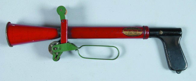 Mac Machine Gun Paper Pop Gun, painted pressed ste: Mac Machine Gun Paper Pop Gun, painted pressed steel, decal intact, McDowell Mfg. Co., Pittsburgh, PA, 12-1/2" long, condition: good, used