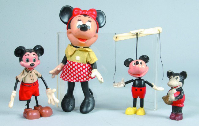Four Mickey Mouse Figures, plastic, china and rubb: Four Mickey Mouse Figures, plastic, china and rubber, 3-1/2"l., 4-3/4"l., 5-1/4"l. and 7-3/4"l., good, moderate wear.