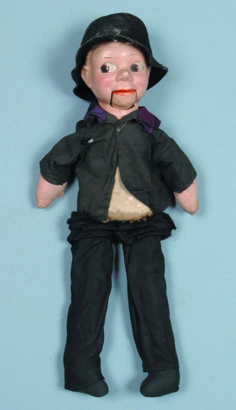 Painted Composition Head Puppet with working mouth: Painted Composition Head Puppet with working mouth and cloth body, no ID marks, 19" l., fair condition.