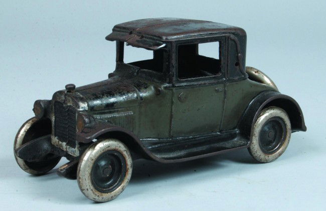 Three Chevrolet Window Coupes marked Arcade Mfg. C: Three Chevrolet Window Coupes marked Arcade Mfg. Co. 1929, painted cast iron, 8-1/4" l., cracked through A&B posts of roof, welding found inside roof at seam, paint rough, overall fair condition.