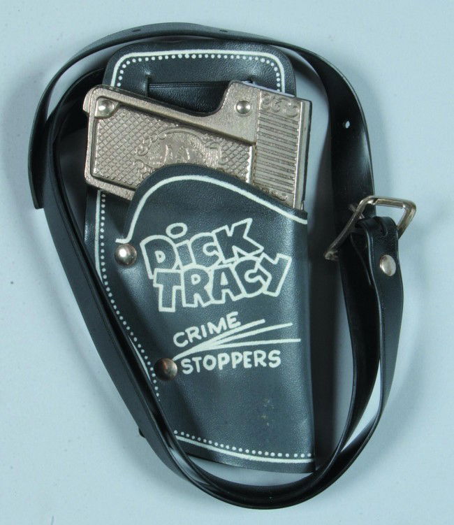 Dick Tracy Crime Stoppers Cap Gun with Holster, po: Dick Tracy Crime Stoppers Cap Gun with Holster, pot metal gun with plastic belted holster, (marked as above), mfg. Hubley, 6" l., very good>