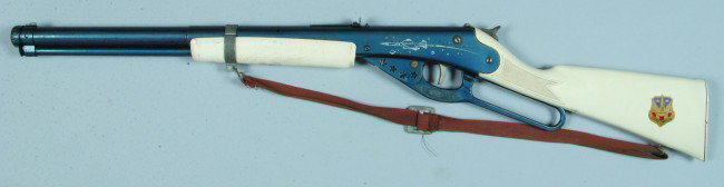 Daisy BB Gun, pressed painted steel with plastic s: Daisy BB Gun, pressed painted steel with plastic stock web sling, mkd. "Mdl. 110 Daisy Mfg. Co." also decal "Jr. Air Force, Rocket Command", 32" l., very good.