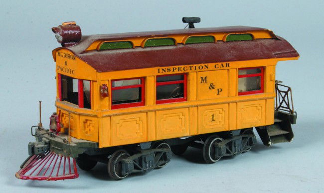 Inspection Car model RR, no mfg. marks, painted co: Inspection Car model RR, no mfg. marks, painted composite and plastic, metal wheels, 8" l., one coupler missing, light chips to paint, otherwise good.