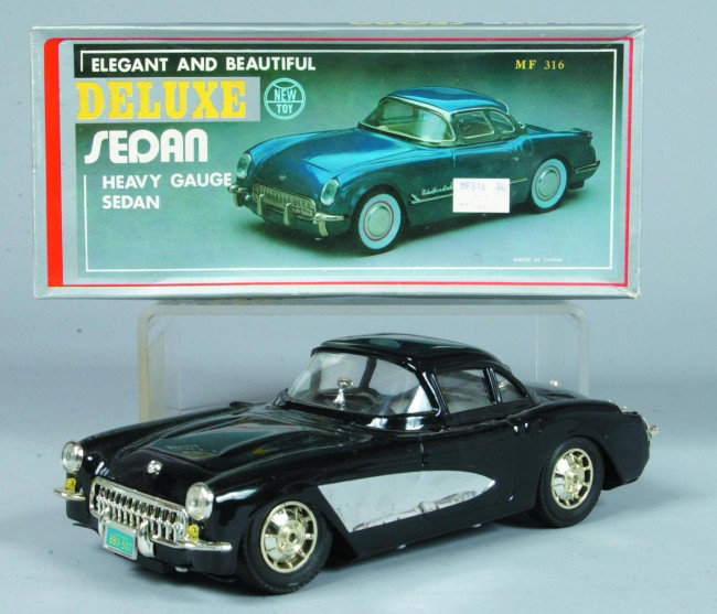 1960's Corvette Model marked made in China, 9-1/2": 1960's Corvette Model marked made in China, 9-1/2" l., painted stamped tin with plastic trim, like-new in box.