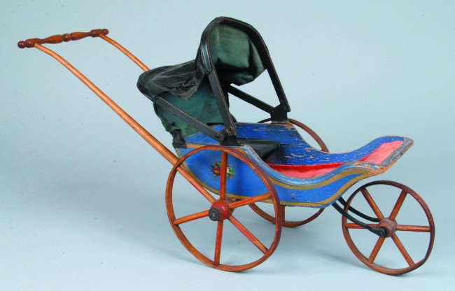 Late 19th Century Three-wheel Doll Carriage attrib: Late 19th Century Three-wheel Doll Carriage attributed to Joel Ellis, Springfield, Vermont circa. 1870. Blue ground with yellow highlights. 30" long. Condition: good with normal wear.