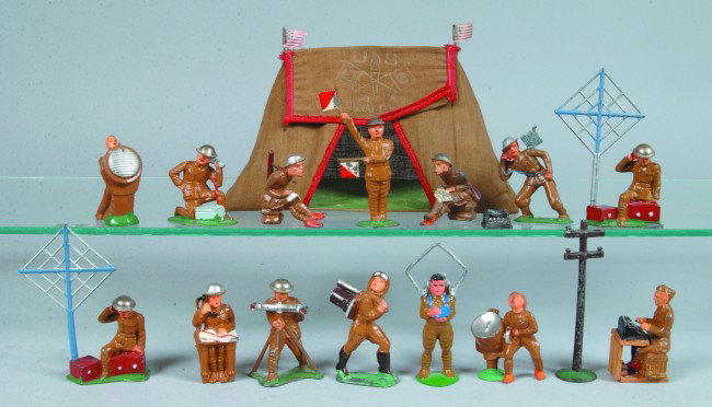 14 Various Barclay and Manoil Cast Lead Figures; U: 14 Various Barclay and Manoil Cast Lead Figures; U.S. Army Signal Corps with tent. Condition: good with normal wear.