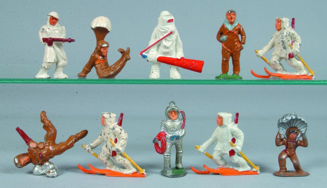 10 Various Barclay and Manoil Cast Lead Figures in: 10 Various Barclay and Manoil Cast Lead Figures including deep sea diver, fire fighter, parachute jumper, Finn with skis and more. Condition: good with normal wear.