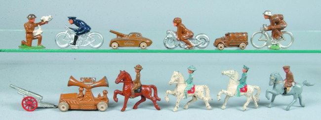 12 Various Barclay and Manoil Cast Lead Figures an: 12 Various Barclay and Manoil Cast Lead Figures and Gray Iron Cast Iron including U.S. Cavalryman and Cavalry Officer, Bicycle dispatch rider, Motorcycle rider, soldier pigeon dispatcher, motorcyclist