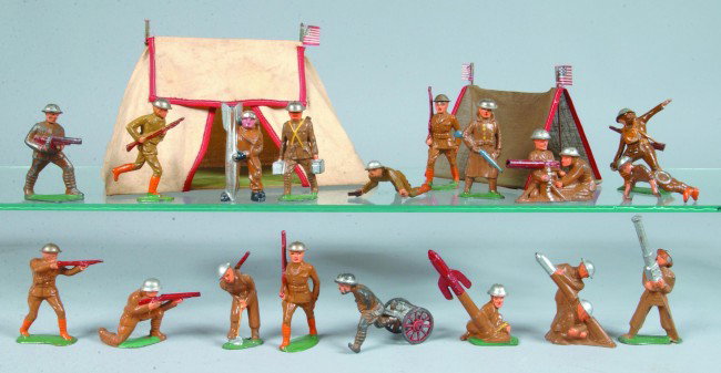 18 Various Barclay and Manoil Cast Lead U.S. Army: 18 Various Barclay and Manoil Cast Lead U.S. Army Figures including soldier with anti-aircraft gun, two-man rocket team, soldier ammo carrier, soldier with trench mortar, Aviator holding bomb, bomb th