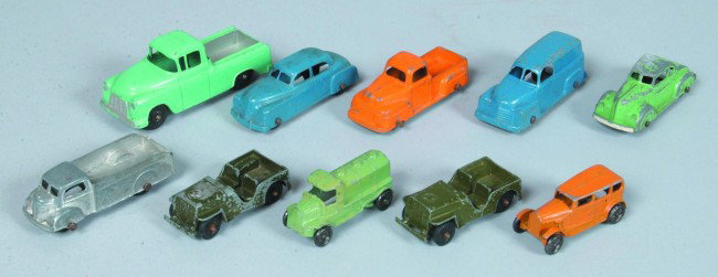 10 Various Tootsietoy Vehicles including Army jeep: 10 Various Tootsietoy Vehicles including Army jeeps, pick-up trucks, panel truck, tank truck, coupes and sedans, 2 1/4" to 4" long. Condition: fair to good.