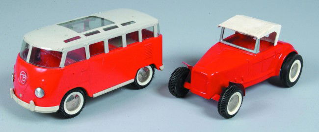 Two Buddy "L" Pressed Steel Vehicles; Hot Rod with: Two Buddy "L" Pressed Steel Vehicles; Hot Rod with red body and white plastic top, 9 1/2" long (good with minor wear) and Volkswagen Bus, coral with cream top, plastic bumpers and under carriage, 10 1