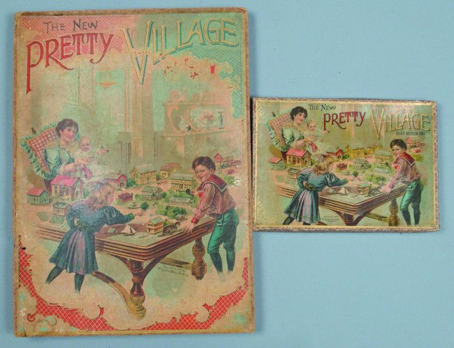 The New Pretty Village and The New Pretty Village: The New Pretty Village and The New Pretty Village Boat, house in original boxes, made/marked McLoughlin Bros. copyright 1897 New York, lithograph decorated cardboard houses and related to create small