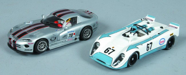 Two Slot Cars, 1/32 scale, made by Fly Spain, Plym: Two Slot Cars, 1/32 scale, made by Fly Spain, Plymouth Viper GTS 5-1/2" l. and Porsche 908 5" l., plastic bodies and chassis, 12V motors