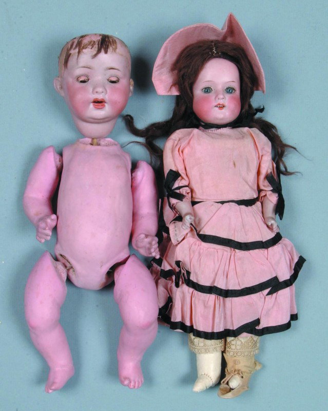 Two Various Dolls: one marked "Armand Marseille Ge: Two Various Dolls: one marked "Armand Marseille Germany, 370-410", moving eyes, open mouth, hair off - present, kid body and legs, bisque arms, hands intact, dresses, good condition; second marked "PM