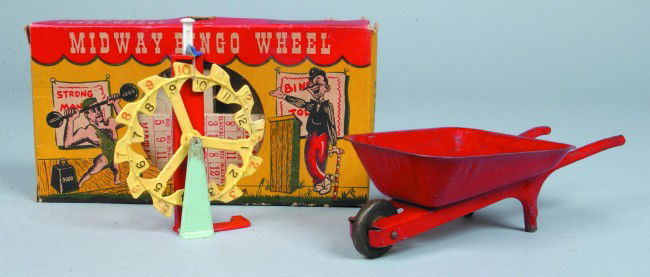 Two Toys: one "Midway Bingo Wheel" in original box: Two Toys: one "Midway Bingo Wheel" in original box, made by Palmer Plastics Inc. Brooklyn, NY, cardboard game pieces and box with plastic wheel, 5" w. x 9" l., good; other painted pressed steel wheel