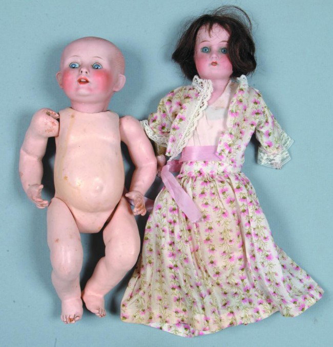 Two Various Dolls: one bisque head baby doll, back: Two Various Dolls: one bisque head baby doll, back of head marked "Nippon" 102, working eyes, open mouth and nose, composition jointed limbs and body, 12" l., fair condition; other a bisque head girl,