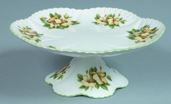Shelley China Hibiscus pattern Cake Stand, 3-1/2" h: Shelley China Hibiscus pattern Cake Stand, 3-1/2" h. x 9" diam., (good).