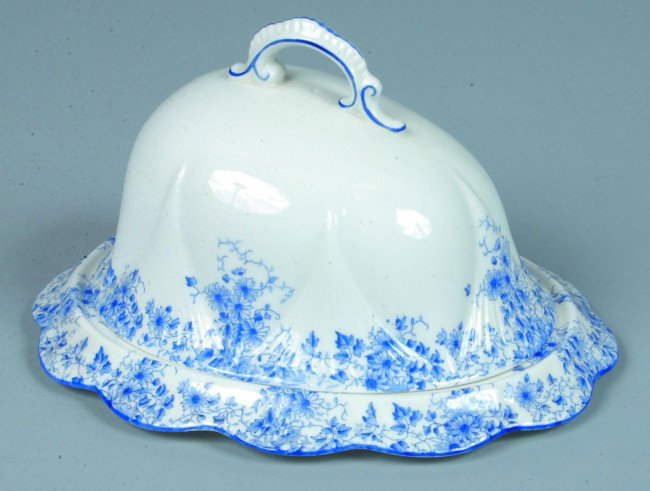 Shelley China Dainty Blue pattern Covered Cheese D: Shelley China Dainty Blue pattern Covered Cheese Dish, 5" h. x 8-1/2" l. x 6-3/4" w., (good).