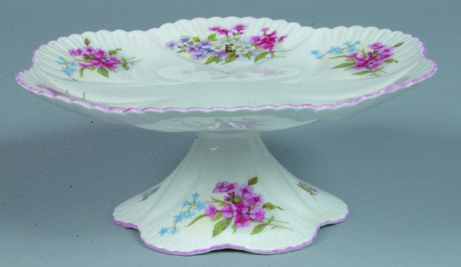Shelley China Stocks pattern Cake Stand, 3-1/2" h.: Shelley China Stocks pattern Cake Stand, 3-1/2" h. x 8-3/4" diam., (good).