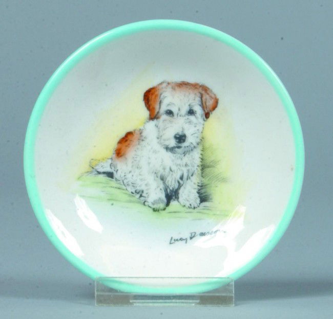 Shelley China Dog Studies pattern Cup Plate, signe: Shelley China Dog Studies pattern Cup Plate, signed Lucy Dawson, 3" diam., (good).
