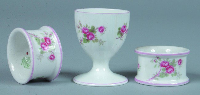 Shelley China Bridal Rose pattern Egg Cup and Two : Shelley China Bridal Rose pattern Egg Cup and Two Napkin Rings, egg cup 2-1/2" h. x 1-7/8" diam., and napkins ring 1-1/8" h. x 1-7/8" diam., (all good).