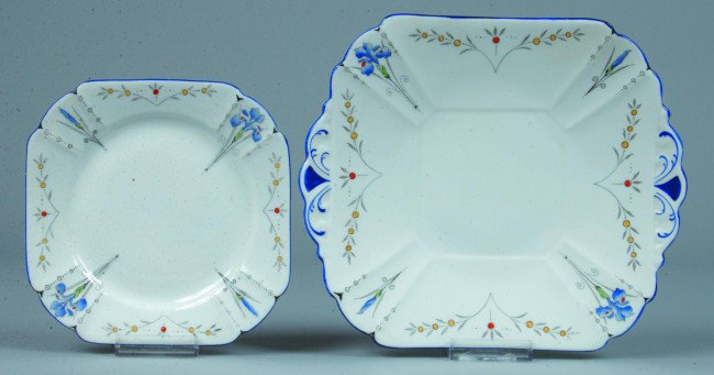 Shelley China Blue Iris pattern (#11561) Plate and: Shelley China Blue Iris pattern (#11561) Plate and Cake Plate: plate 7" diam., and cake plate 9-1/2" diam., (both good).