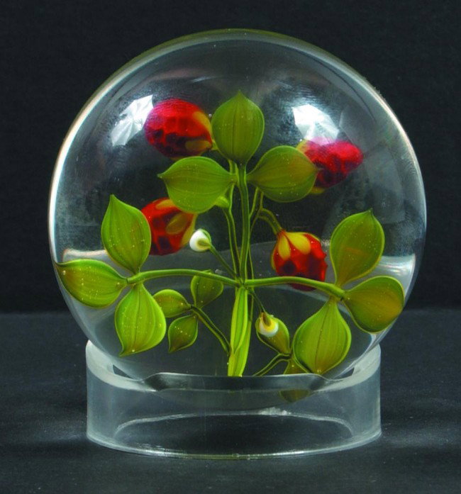 Art Glass Paperweight by Paul Stankard, strawberri: Art Glass Paperweight by Paul Stankard, strawberries design, marked PS in oval and 24675, 43/75. 2 3/4" diameter. Condition: good.