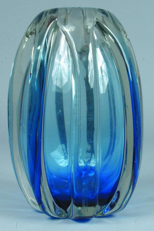 Schneider Blown Art Glass Eight Rib Vase, cobalt b: Schneider Blown Art Glass Eight Rib Vase, cobalt blue to colorless glass heavy vase, signed on lower side of rib, polished pontil. 11" high. Condition: good.