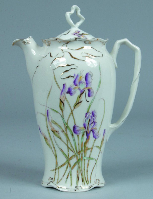 Brunswick, Germany Porcelain Art Nouveau Chocolate: Brunswick, Germany Porcelain Art Nouveau Chocolate Pot with Iris transfer decoration and hand painted gold highlights. 9 3/4" high. Condition: good.
