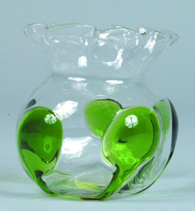 Stevens and Williams Art Glass Rose Bowl, applied : Stevens and Williams Art Glass Rose Bowl, applied emerald green "tadpole" design on colorless glass fluted top bowl. Engraved "S & W" on bottom of polished pontil, circa. 1890-1910. 4 1/4" high. Condi