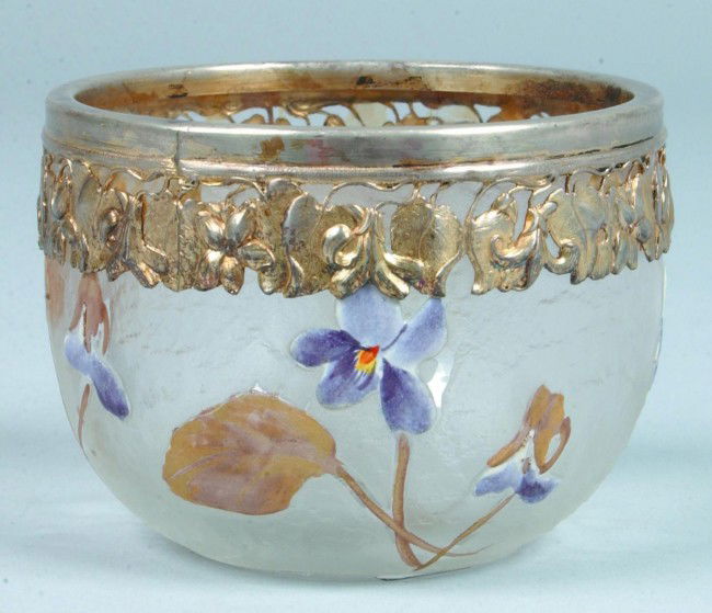 Silver Mounted Cameo Art Glass Bowl attributed to: Silver Mounted Cameo Art Glass Bowl attributed to Daum Nancy Glass Works, France. Enamel decorated violets on roughly etched frosted colorless glass ground, gold flashed silverplate floral and foliate