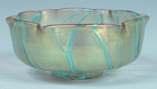 Loetz Type Iridescent Blown Art Glass Bowl, shaped: Loetz Type Iridescent Blown Art Glass Bowl, shaped edge with blue threading over iridescent ground, ground pontil, 2 1/4" high x 5 1/2" diameter. Condition: good.