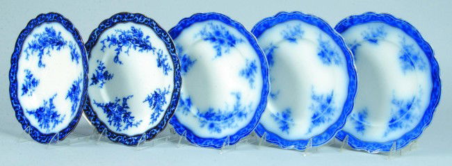 Five Flow Blue China "Touraine" Pattern Scalloped: Five Flow Blue China "Touraine" Pattern Scalloped Edge Dinner Plates by Stanley Pottery Co., England. 10" diameter. Condition: good.