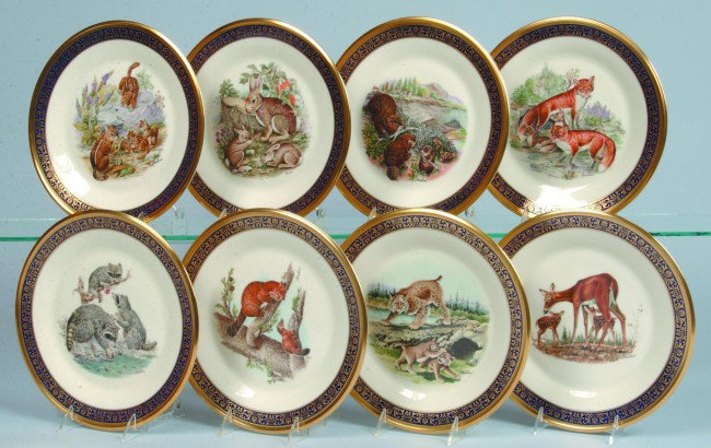 Eight Lenox Porcelain "Woodland Wildlife" Annual L: Eight Lenox Porcelain "Woodland Wildlife" Annual Limited Issue Plates adapted from original works of art designed by Boehm and all with original boxes; Raccoons 1973, Red Foxes 1974, Cottontail Rabbit