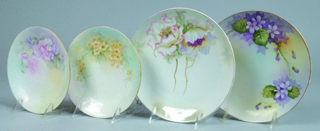Four Hand Painted Floral Plates, 2 plates marked: : Four Hand Painted Floral Plates, 2 plates marked: "B & Co., FRANCE", 7.5"d.; 1 plate marked: Nippon, Japan, 8.5"d., 1 plate marked: P.V.GERMANY, 8.5"d. Condition all good