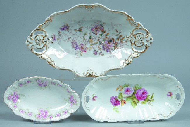 Three Oval Service Dishes, white with pink floral: Three Oval Service Dishes, white with pink floral border, 9"l., marked Austria; white with pink roses center and gold, 12"l., no mark; white with wild roses center and gold trim, marked: KPM, GERMANY,