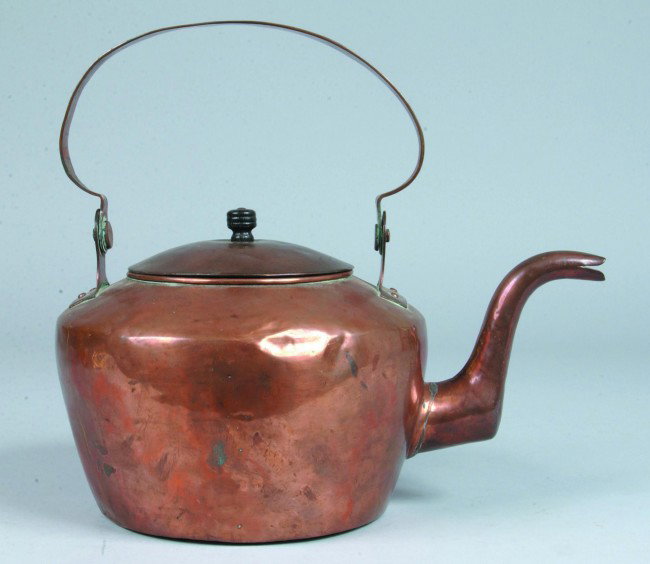 C. Kiefer, Lancaster, PA Mid.19th Century Copper T: C. Kiefer, Lancaster, PA Mid.19th Century Copper Tea Kettle with goose neck spout, rectangular form handle tabs, shaped swing handle, dovetailed construction, lid with replaced finial, 14"h. Signed on