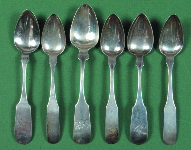 Mixed Group Federal Teaspoons, 6 pieces, 2.24 Troy: Mixed Group Federal Teaspoons, 6 pieces, 2.24 Troy oz. total wt.; 3pcs. mkd." A. Johnston, STER.", Phila. c.1830; 1 mkd. "J&P Fries", Phila., c.1837; 1 mkd. "J.B. McFadden/Pittsburgh; 1 mkd. "L. Manne
