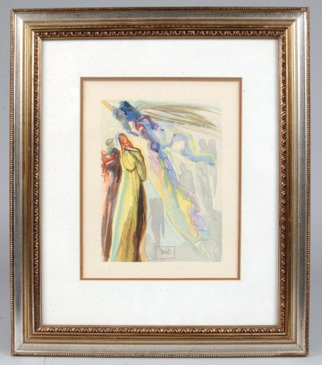 Dantes' The Divine Comedy, by Dali, 9"w. x 11.5"h.: Dantes' The Divine Comedy, by Dali, 9"w. x 11.5"h. site, 18"w. x 21"h. frame, polychrome composition titled: "The Two Circles of Spirits" one of the Paradise or Heaven series of The Divine Comedy, pri