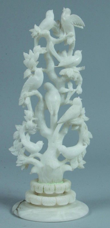 Carved Alabaster Bird Tree, 7"d. x 18.5"h., 8 bird: Carved Alabaster Bird Tree, 7"d. x 18.5"h., 8 birds on branches on foliate circular base. No markings. Condition Appears tree to have been reglued / remounted to base, otherwise good