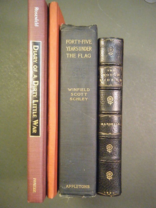 (4 re: Rough Riders and Spanish American War) The: (4 re: Rough Riders and Spanish American War) The Story of The Rough Riders 1st U.S. Volunteer Cavalry… by Edward Marshall. NY, Dillingham, 1899. 1st ed. ¾ blue leather over white linen boards. Teg