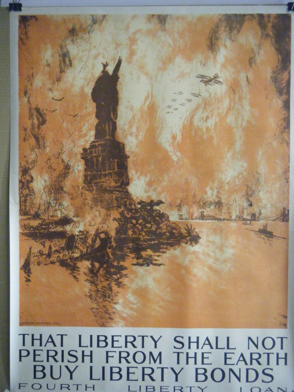 (WW I Poster) THAT LIBERTY SHALL NOT PERISH FROM T: (WW I Poster) THAT LIBERTY SHALL NOT PERISH FROM THE EARTH. BUY LIBERTY BONDS, by Joseph Pennell, 30" x 40", litho. By Ketterlinus, Phila. Centerfold crease, w/a ½" square hole about 5" in from the u