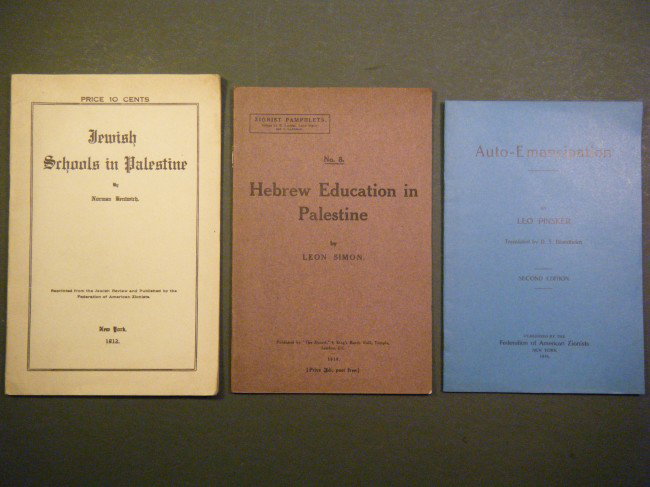 (3 scarce Zionist pamphlets) Jewish Schools in Pal: (3 scarce Zionist pamphlets) Jewish Schools in Palestine by Norman Bentwich, Ny, 1912. 16pp. Tan paper wrapper. A bit of soiling, else VG. With: Auto-Emancipation by Leo Pinsker. Federation of America