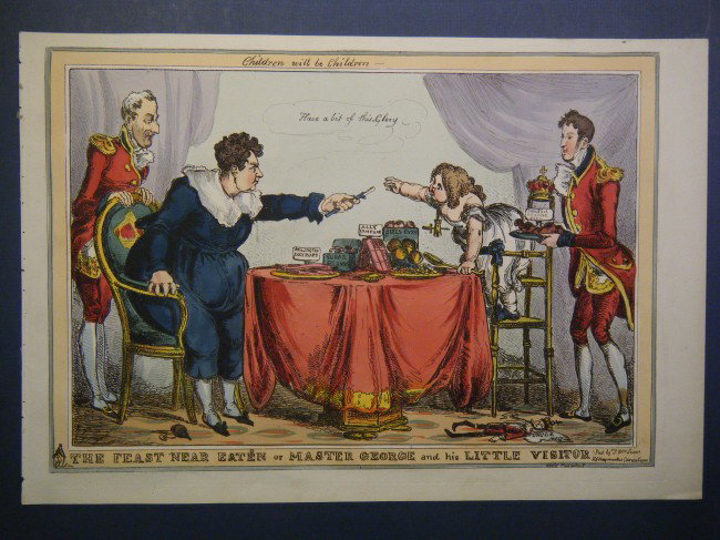 (3 hand-colored British political cartoons) Inclu: (3 hand-colored British political cartoons) Included here are 2 caricatures by Paul Pry (William Heath 1790-1840) The Promenade, or a Sketch for Windsor (depicts the Duke of Wellington making a low bo